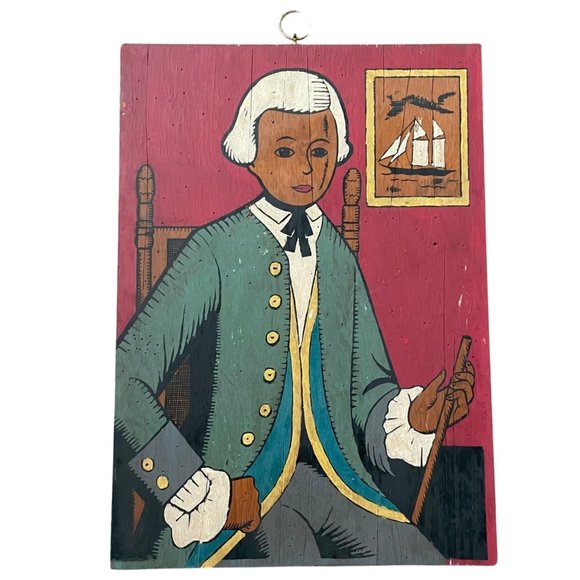 Vintage Hand-Painted Colonial American Folk Wall Art Portrait 1960s Primitive - Picture 1 of 5